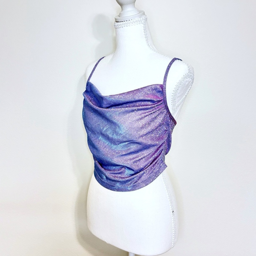 Y2K Metallic Cider Womens S Purple Sparkly Cowl Neck Cami Crop Tank Top